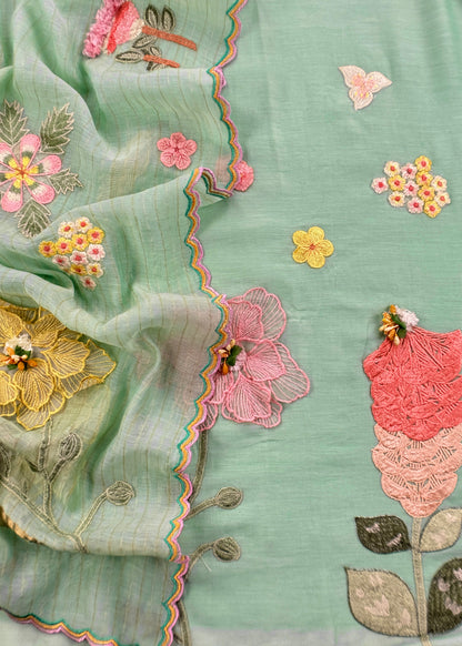 Green Pastel Gardens Handloom Mulmul Embroidered Suit Set With 3d Applique Work