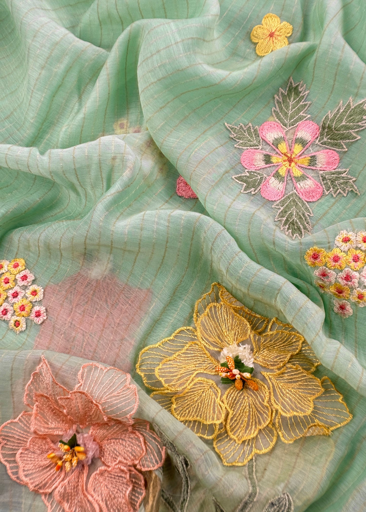 Green Pastel Gardens Handloom Mulmul Embroidered Suit Set With 3d Applique Work