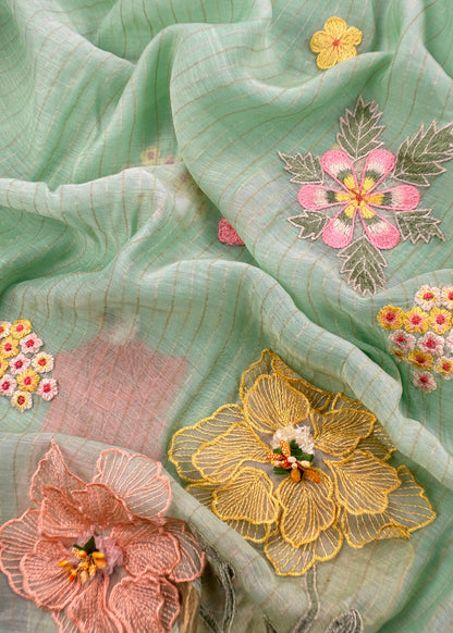 Green Pastel Gardens Handloom Mulmul Embroidered Suit Set With 3d Applique Work