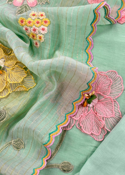 Green Pastel Gardens Handloom Mulmul Embroidered Suit Set With 3d Applique Work