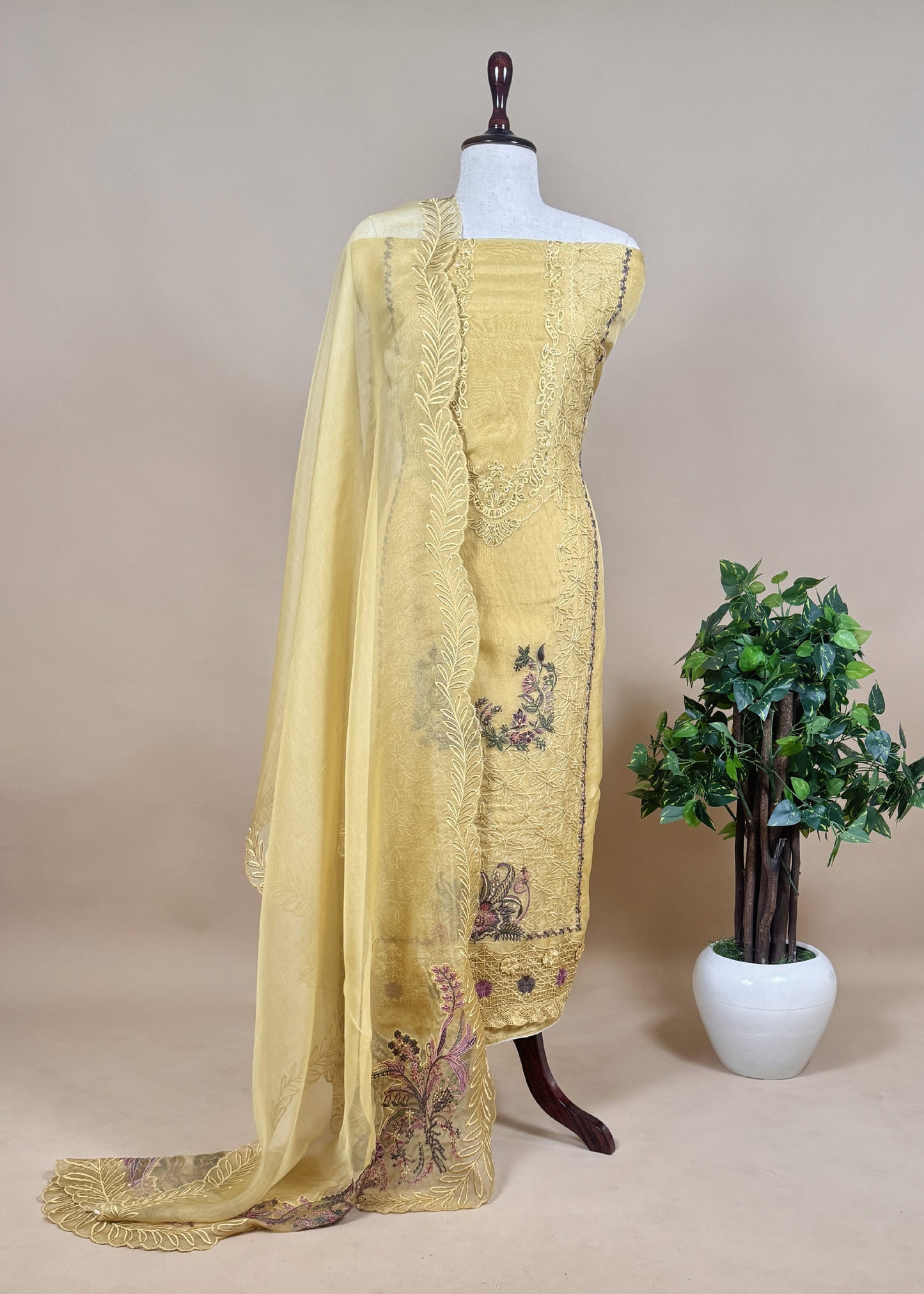 Chikoo Grey Pure organza silk kurta and dupatta with plain bottom