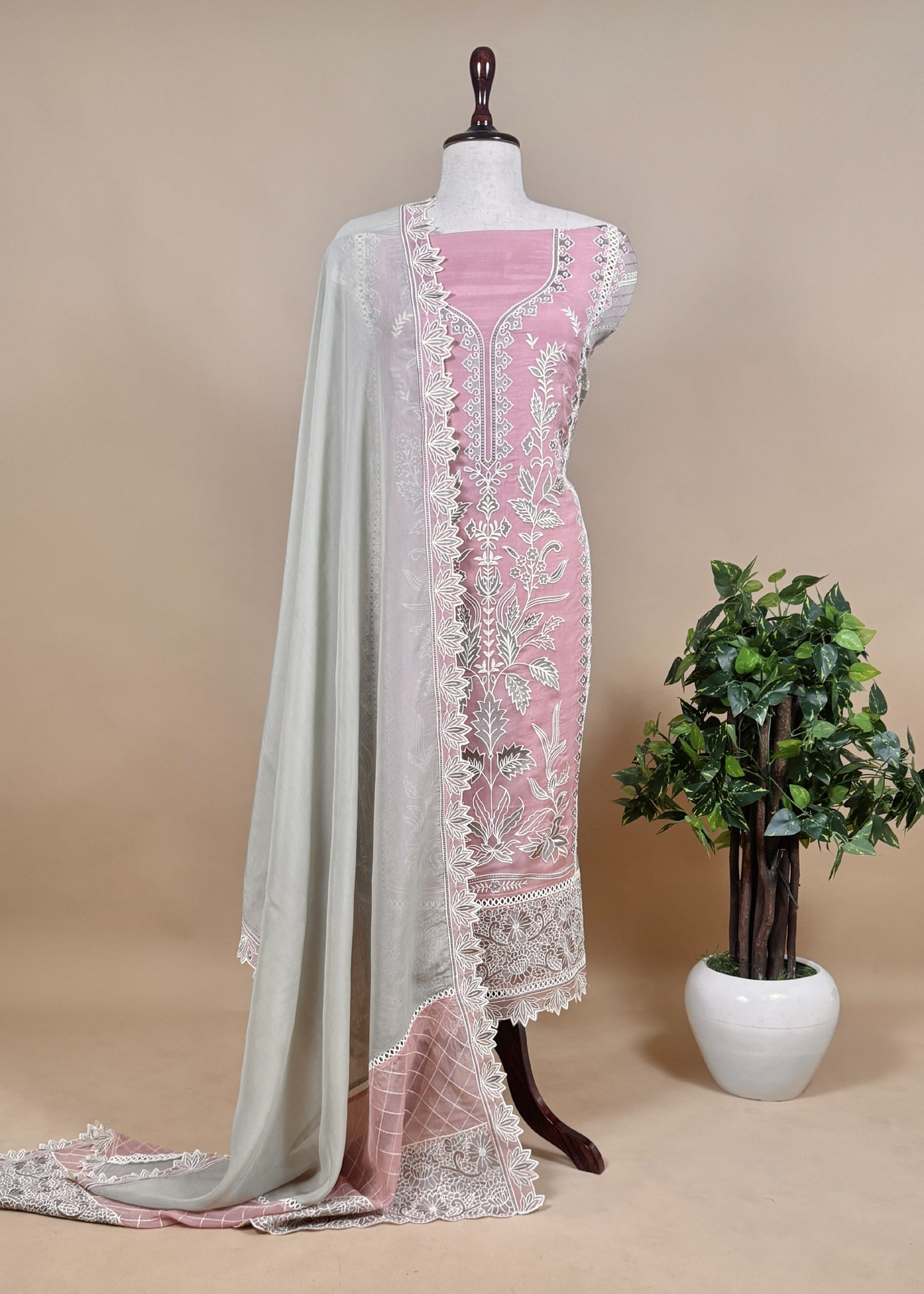 Pink Pure Organza Silk Kurta And Dupatta With Plain Bottom