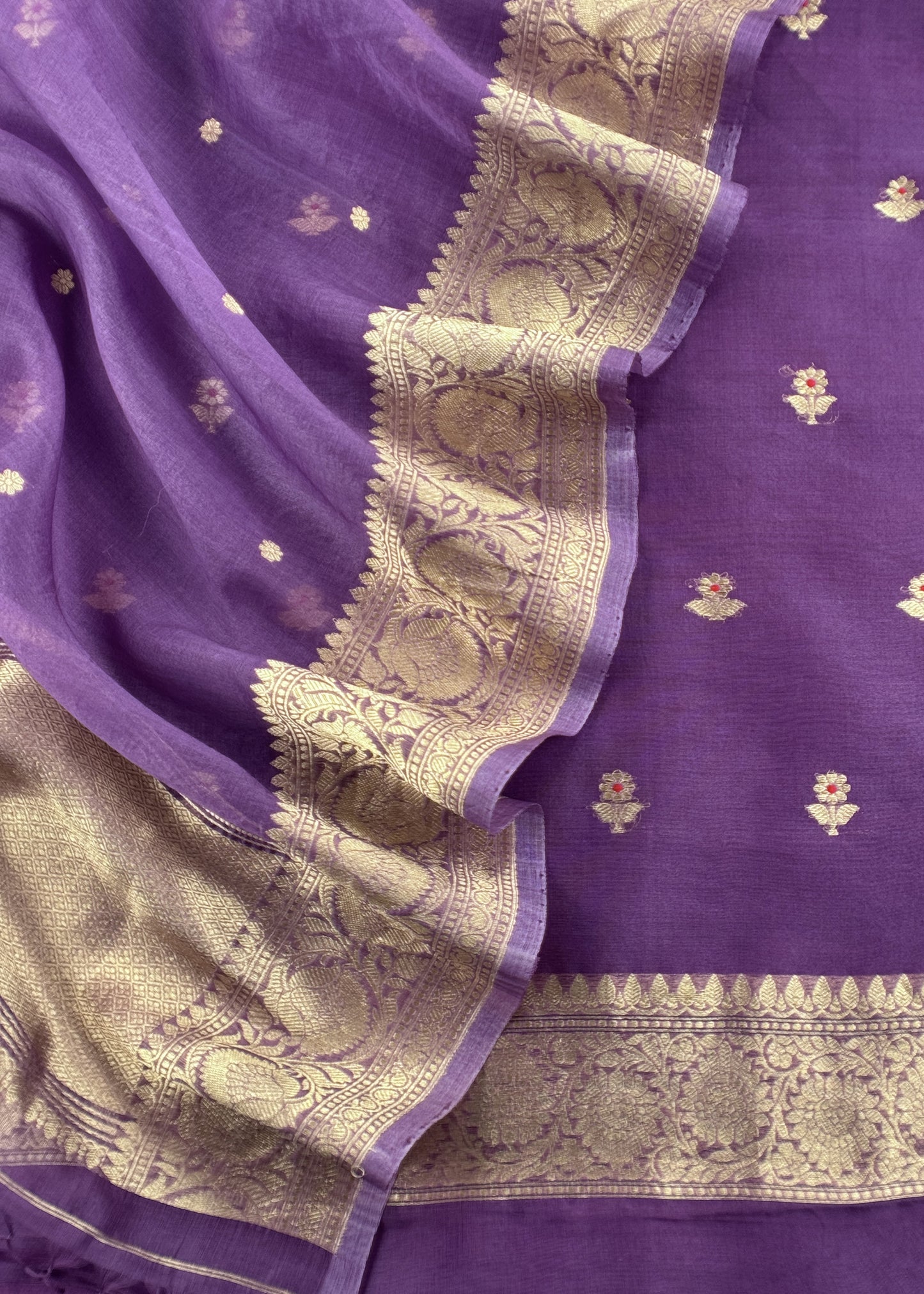 Purple Pure Kora Silk Kadwa Weaves Unstitched Suit With Dupatta