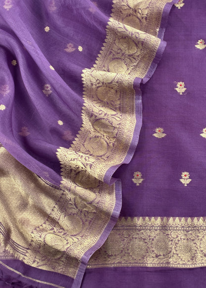 Purple Pure Kora Silk Kadwa Weaves Unstitched Suit With Dupatta