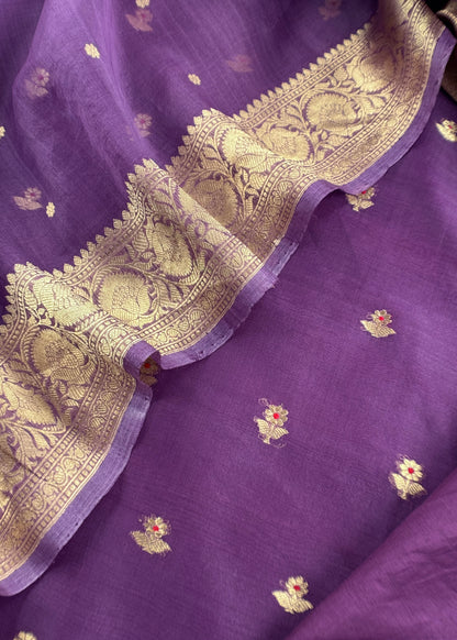 Purple Pure Kora Silk Kadwa Weaves Unstitched Suit With Dupatta