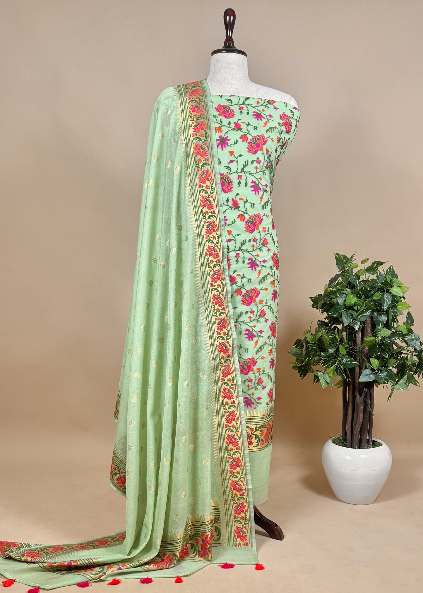 Green Handloom Banarasi Suit With Paithani Weaving