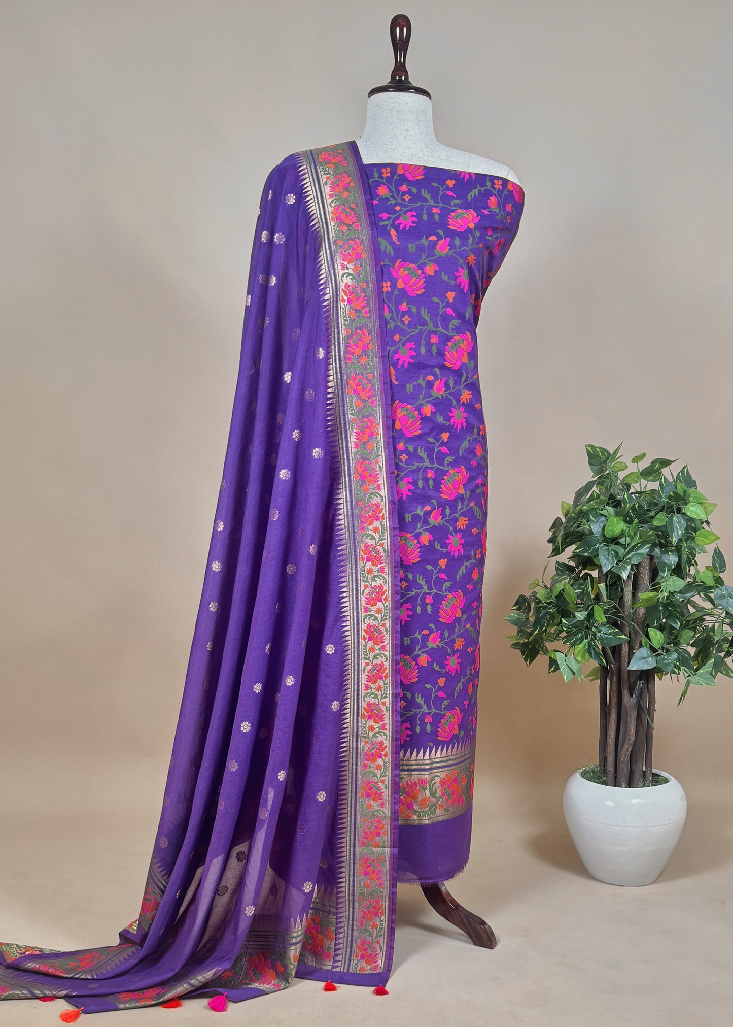 Purple Handloom Banarasi Suit With Paithani Weaving