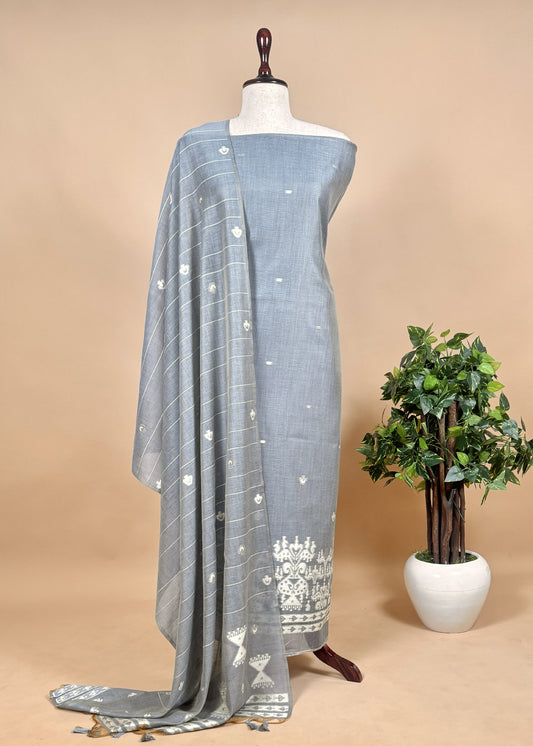 Blue Jamdani Weaving Unstitched Suit In Maheshwari