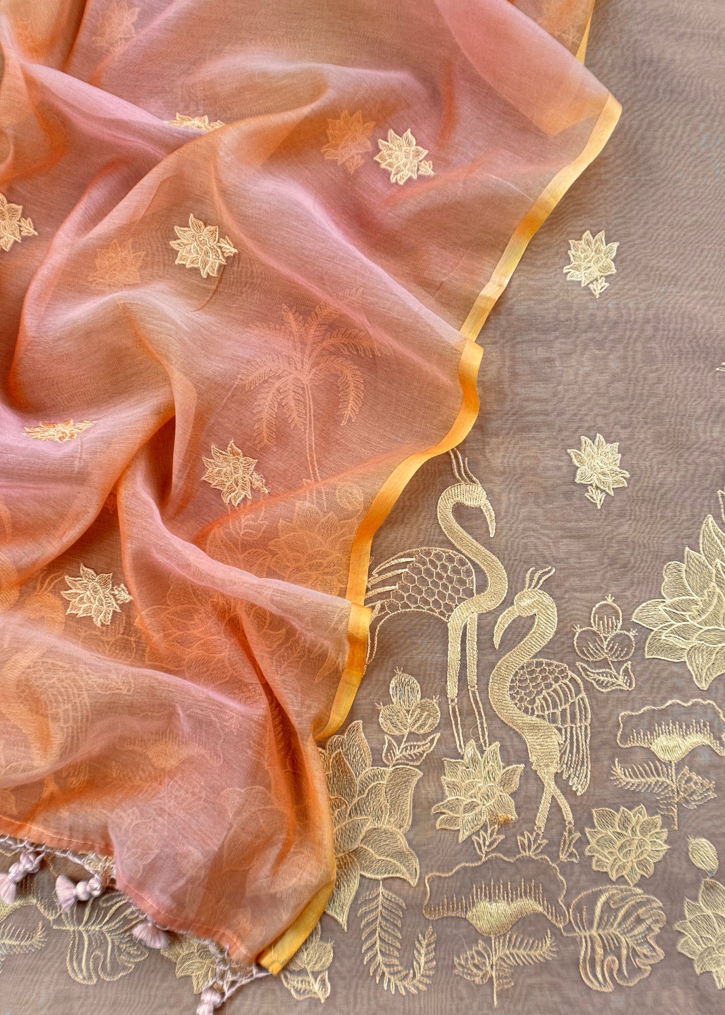 Beige Handloom Mul Unstitched Suit Fabric With Floral Embroidery