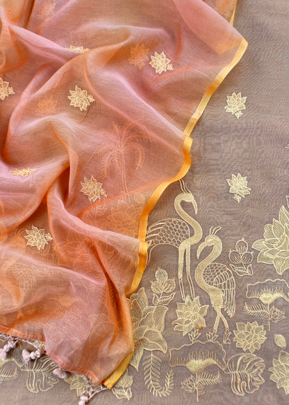 Beige Handloom Mul Unstitched Suit Fabric With Floral Embroidery