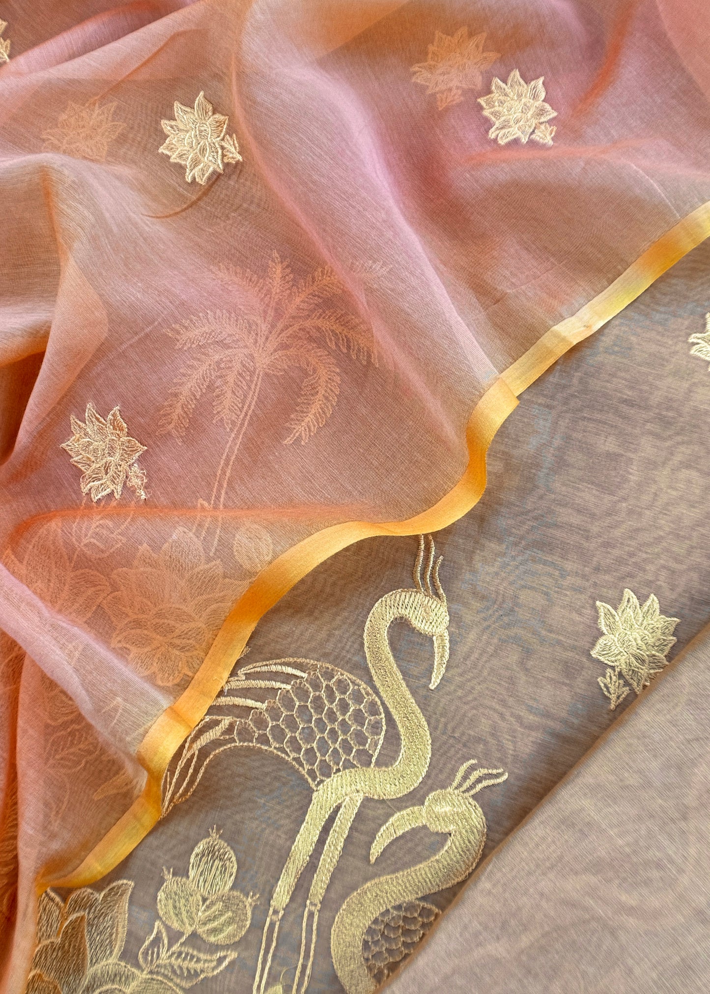 Beige Handloom Mul Unstitched Suit Fabric With Floral Embroidery