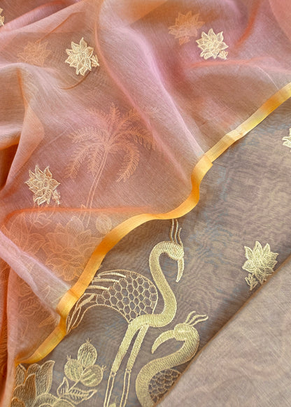 Beige Handloom Mul Unstitched Suit Fabric With Floral Embroidery
