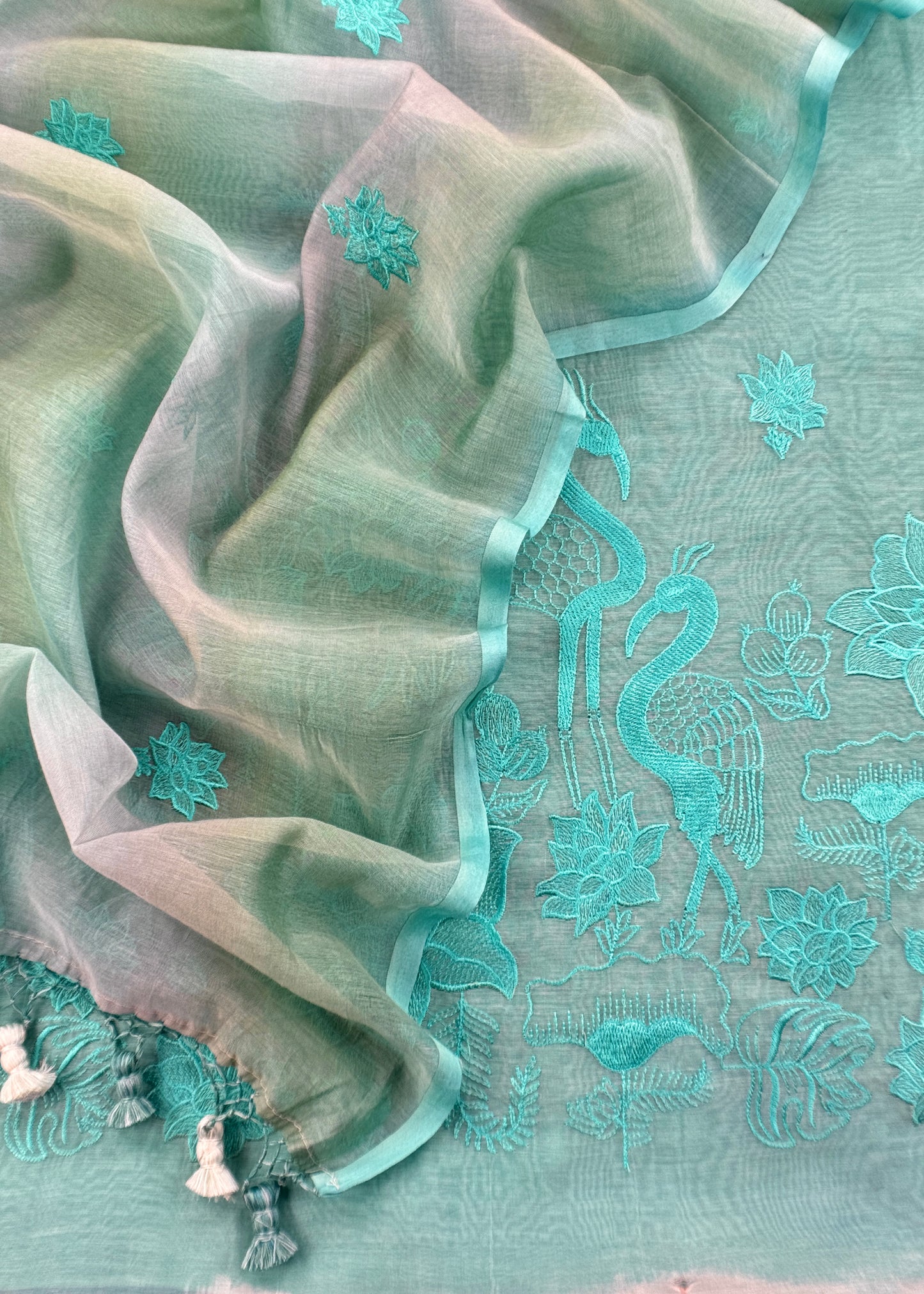 Light Sea Green Handloom Mul Unstitched Suit Fabric With Floral Embroidery