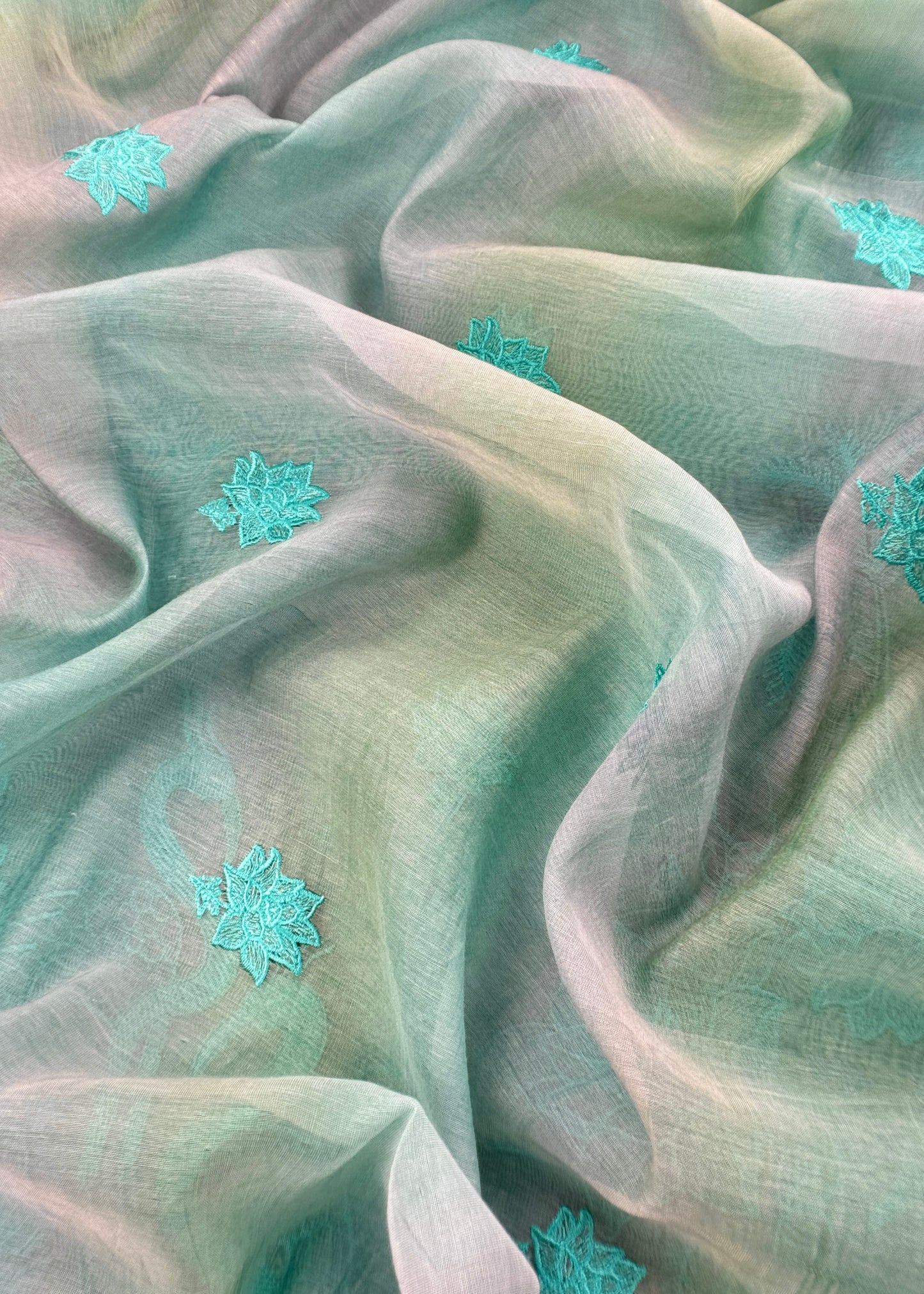 Light Sea Green Handloom Mul Unstitched Suit Fabric With Floral Embroidery