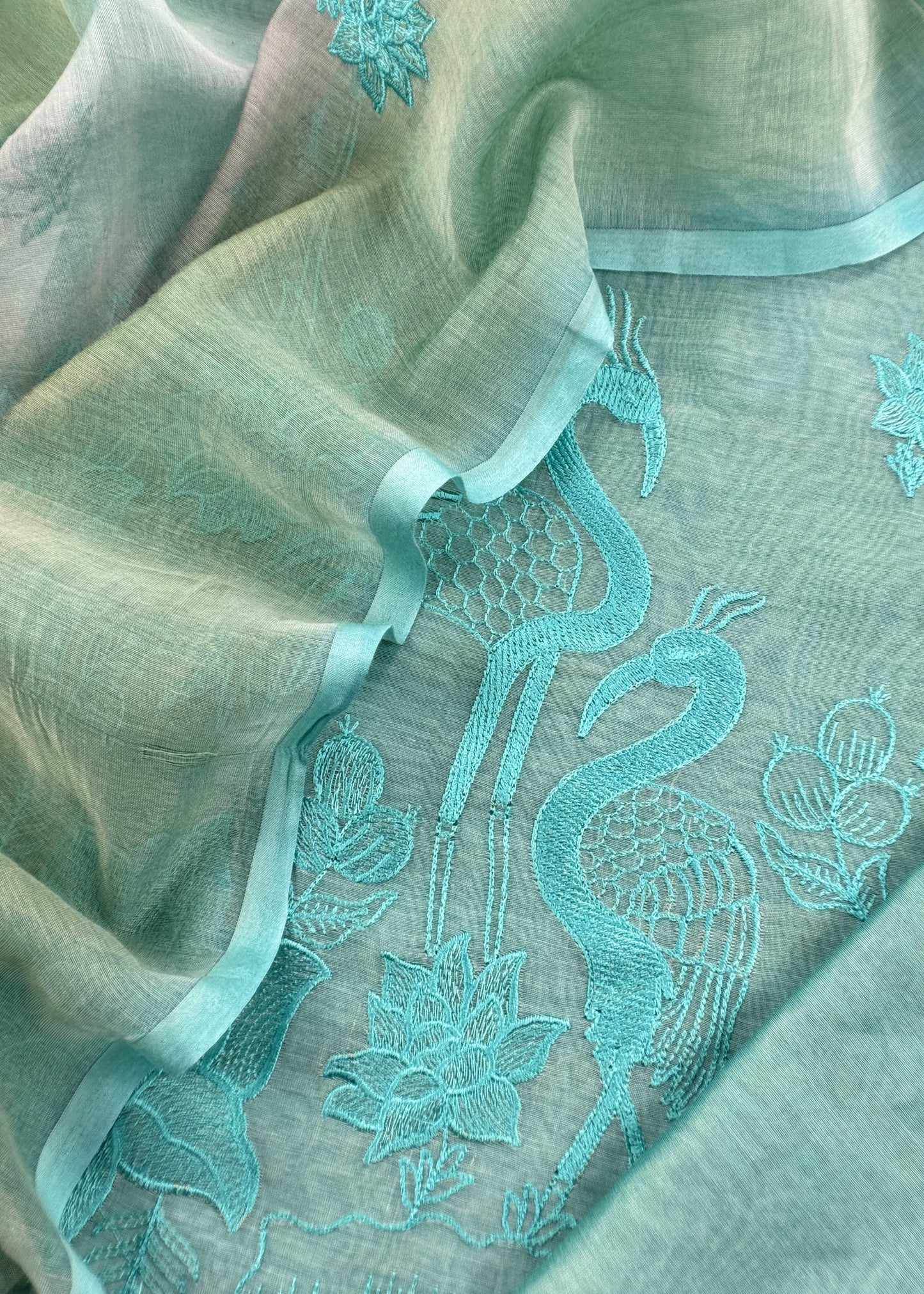 Light Sea Green Handloom Mul Unstitched Suit Fabric With Floral Embroidery