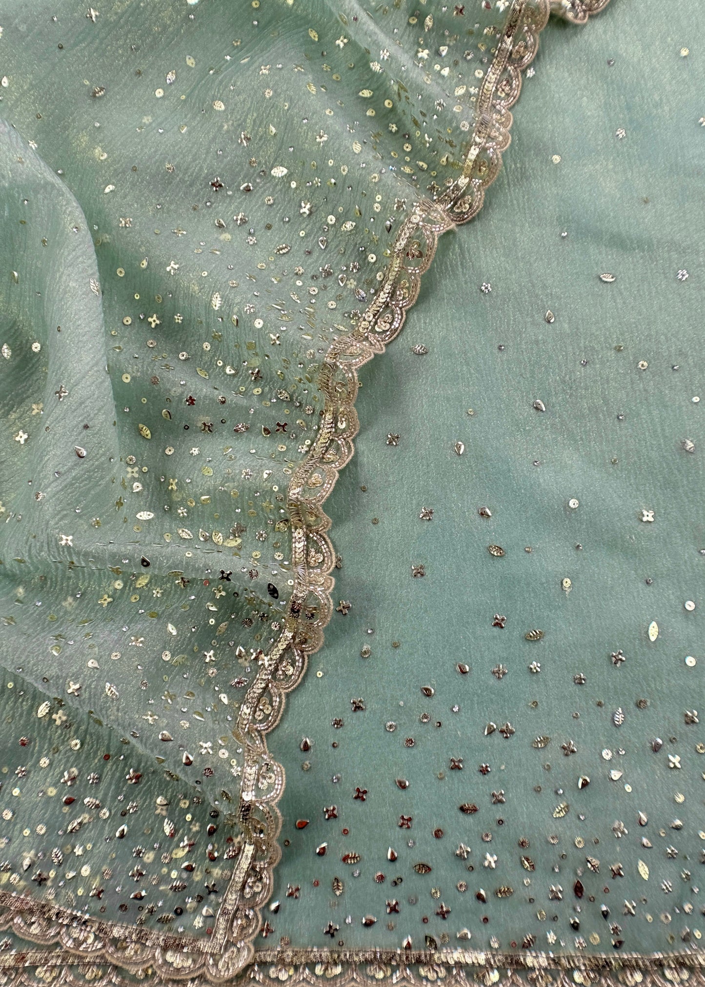 Powder Blue Crushed Tissue Silk Suit Fabric With Mukaish And Hand Work