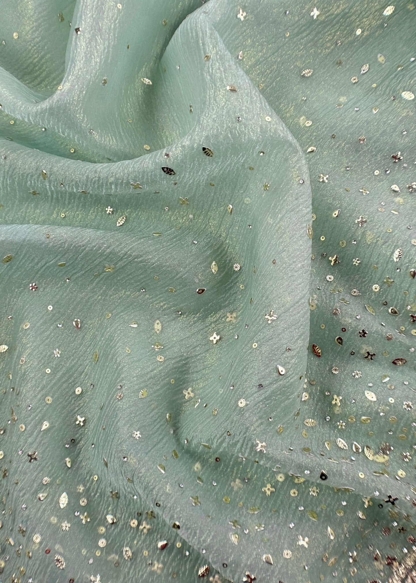 Powder Blue Crushed Tissue Silk Suit Fabric With Mukaish And Hand Work