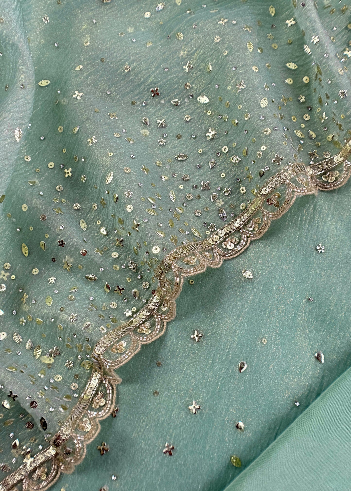 Powder Blue Crushed Tissue Silk Suit Fabric With Mukaish And Hand Work