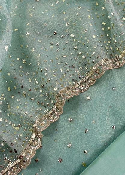 Powder Blue Crushed Tissue Silk Suit Fabric With Mukaish And Hand Work