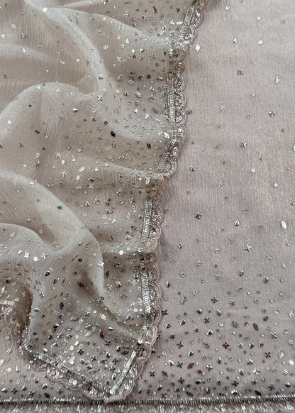 Dove White Pure Crushed Tissue Silk Suit Fabric With Mukaish And Hand Work