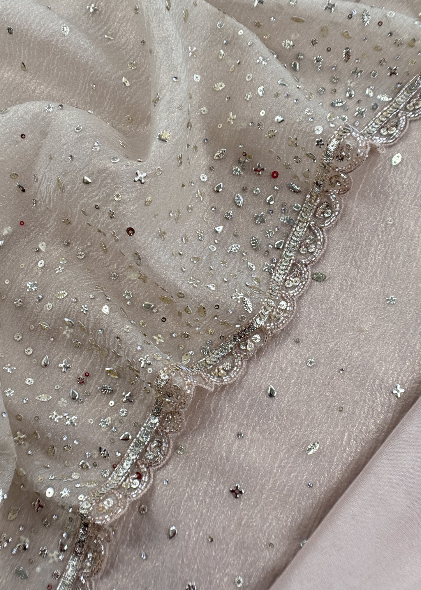 Dove White Pure Crushed Tissue Silk Suit Fabric With Mukaish And Hand Work