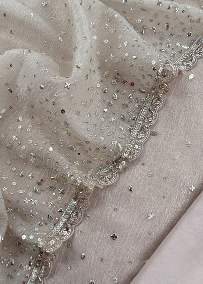 Dove White Pure Crushed Tissue Silk Suit Fabric With Mukaish And Hand Work