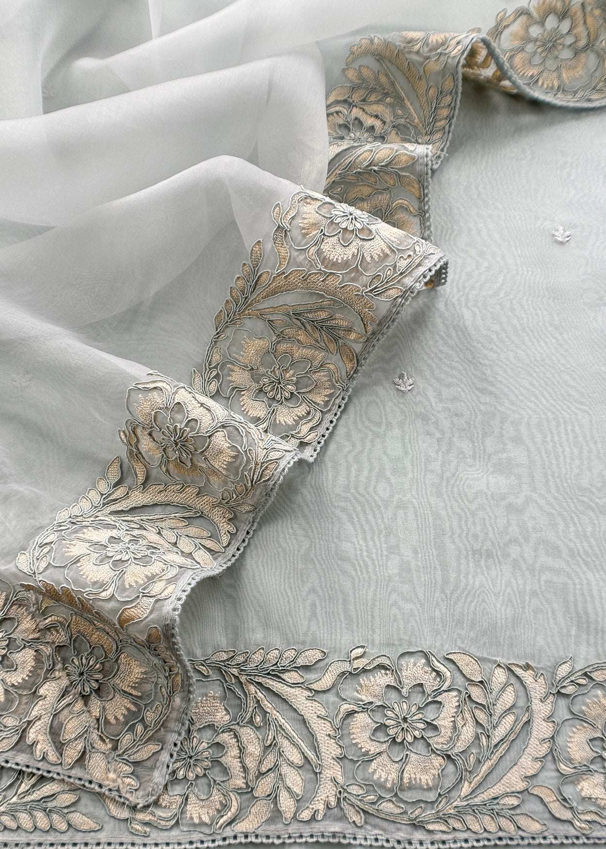 Sky Blue Handloom Kora Silk Suit With French Threat Embroidery