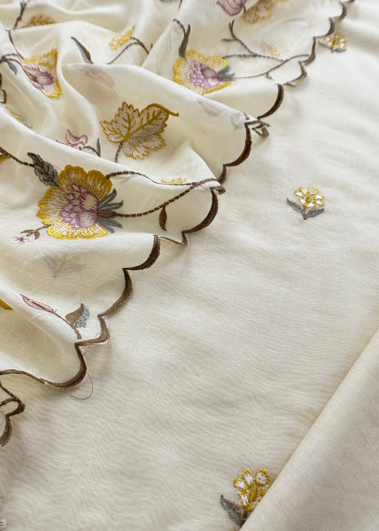 Ivory Handloom Mulmul Suit With Floral Embroidery Dupatta