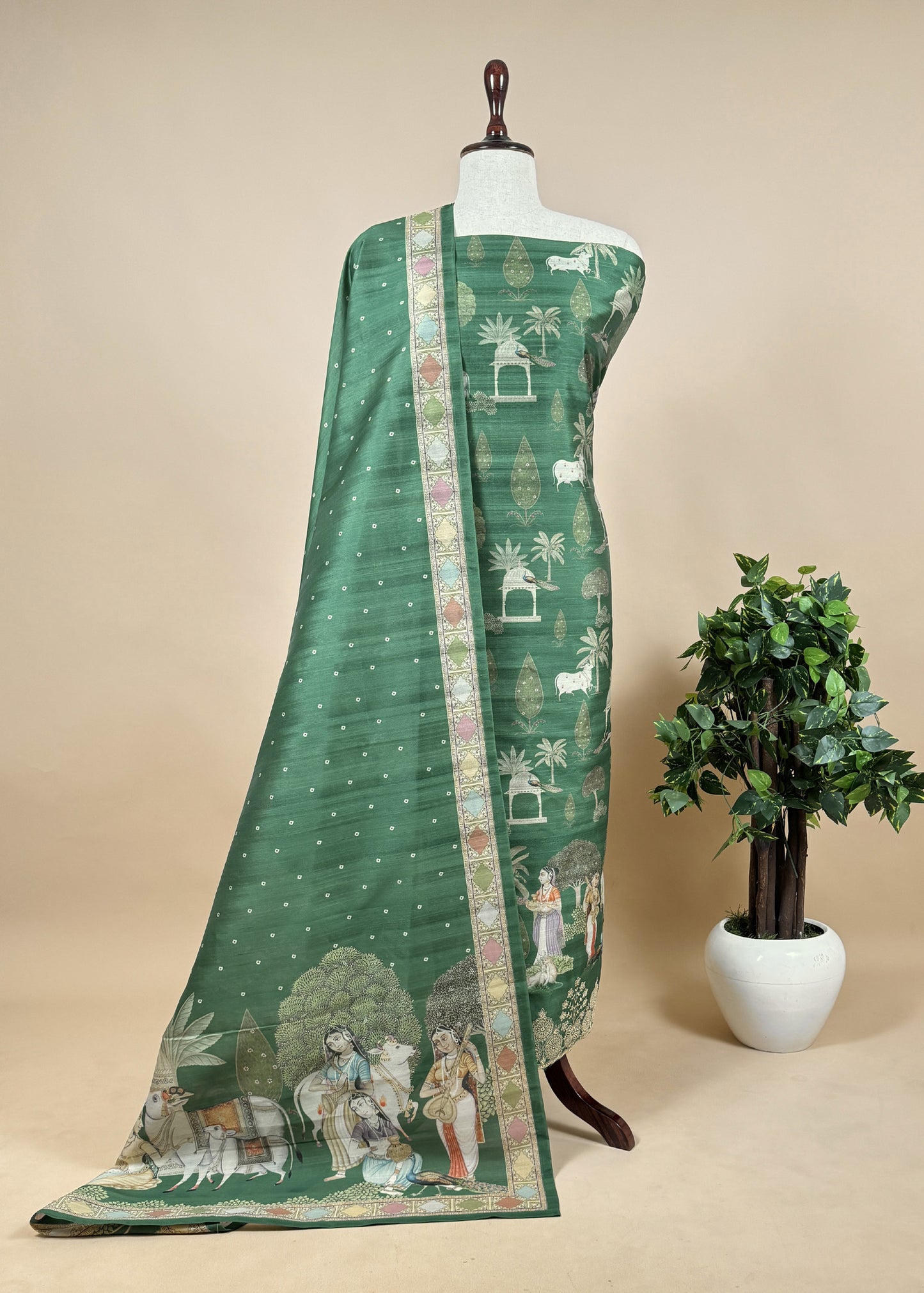 Green Tussar Silk Unstitched Dupatta-Suit