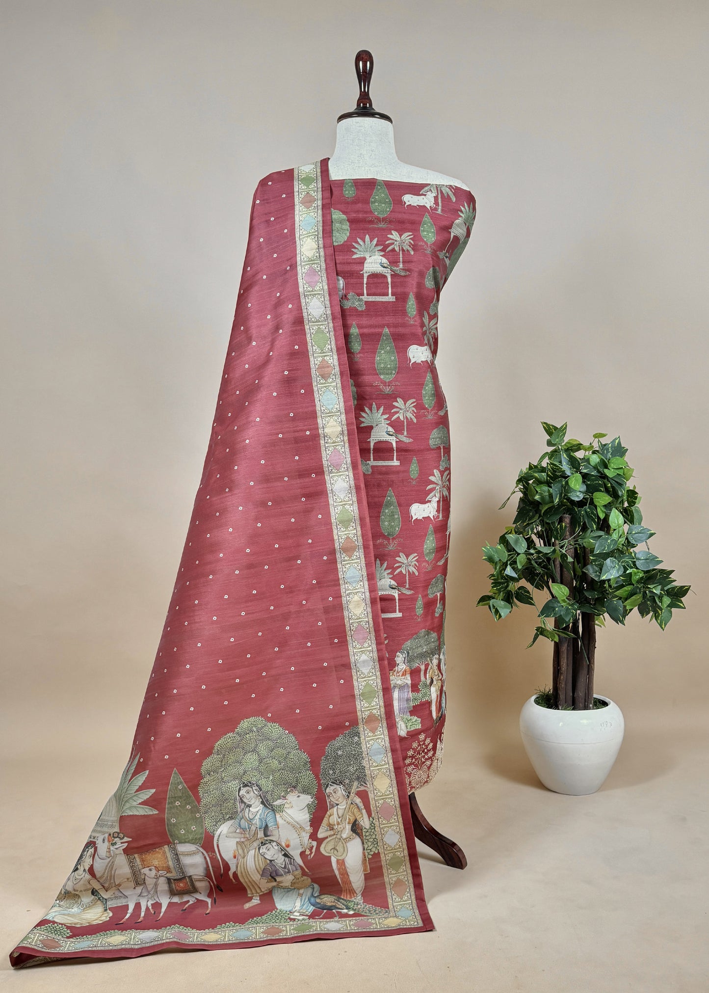 Green Tussar Silk Unstitched Dupatta-Suit