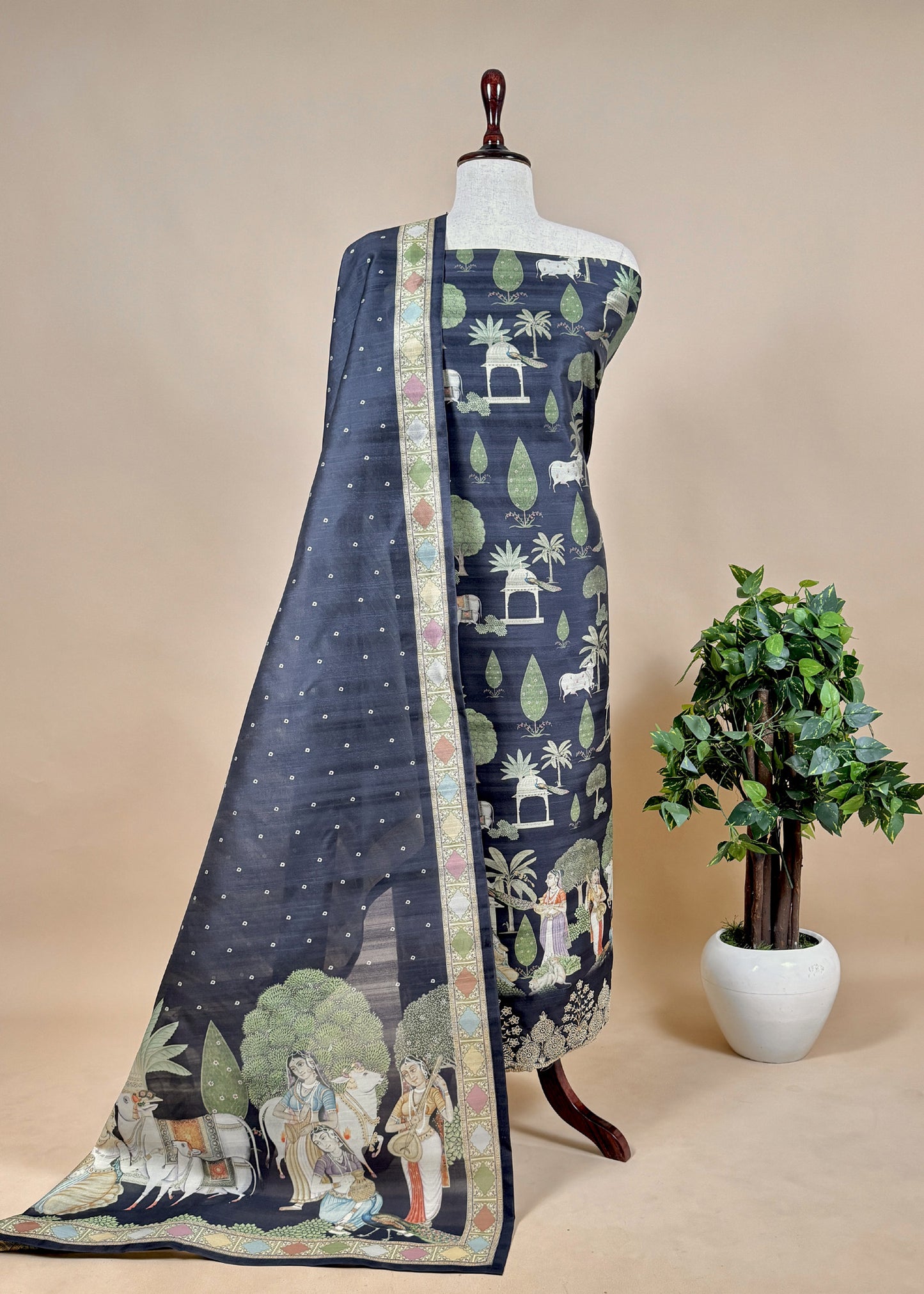 Green Tussar Silk Unstitched Dupatta-Suit