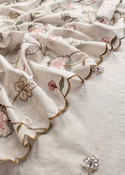 Grey Handloom Mulmul Suit With Floral Embroidery Dupatta