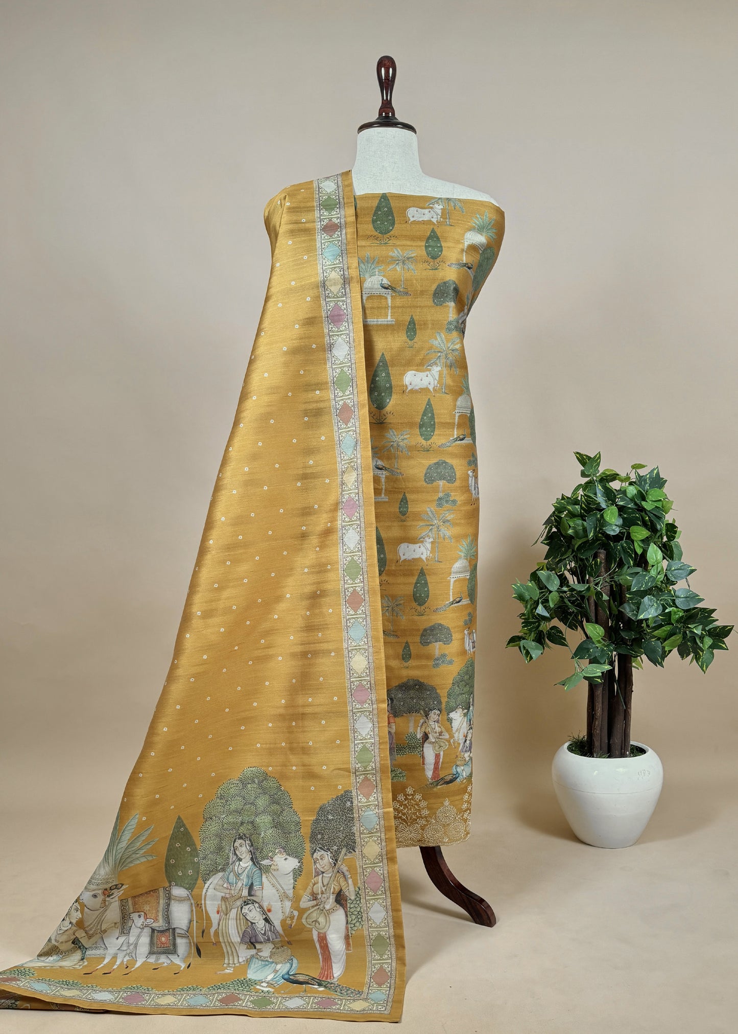 Yellow Tussar Silk Unstitched Dupatta Suit