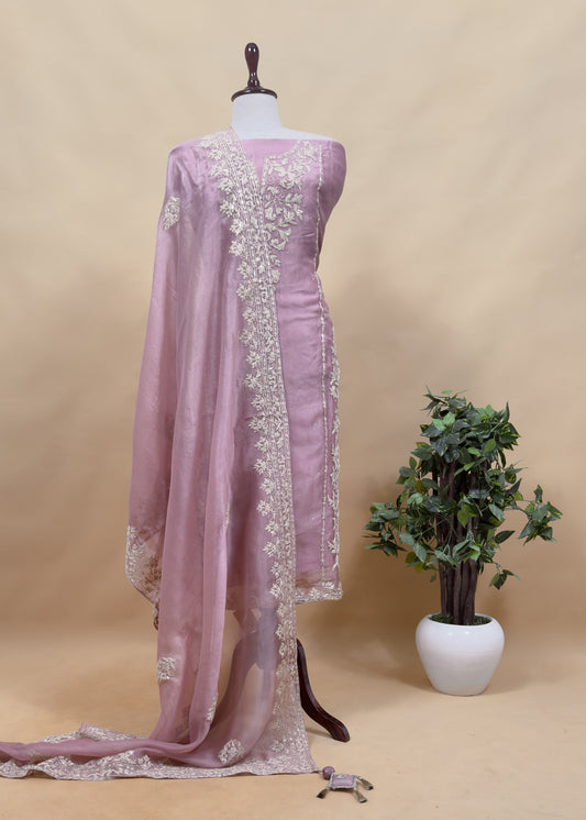 Dusty Rose Modern Aesthetic Organza Silk Suit With Rose Gold Pitta Work