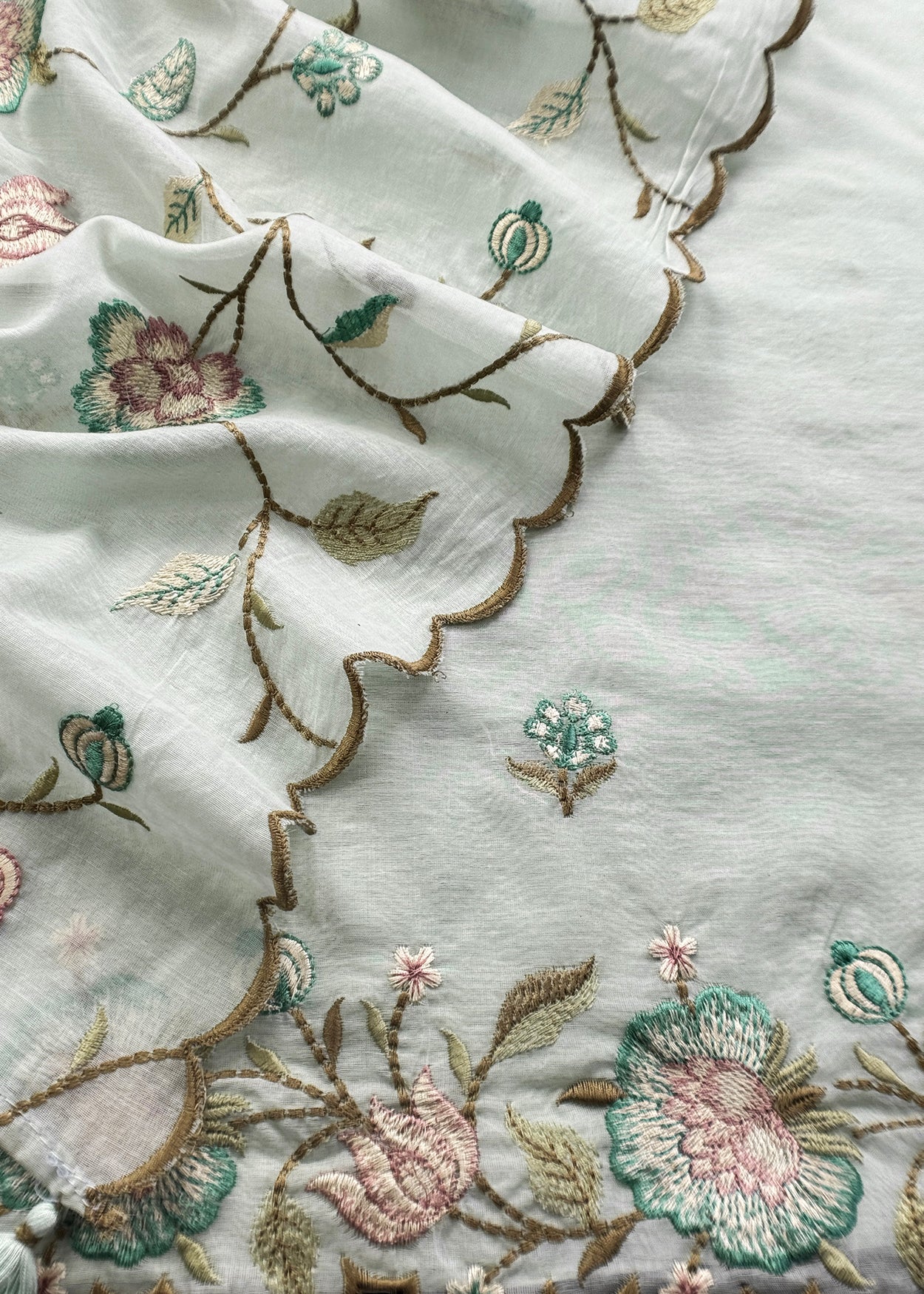 Sky Blue Handloom Mulmul Suit With Floral Embroidery Dupatta