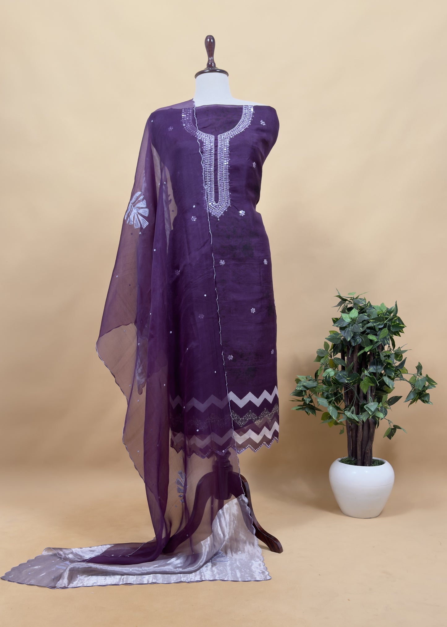 Violet Handloom kora Silk Suit with Mirror Handwork And Embroidery