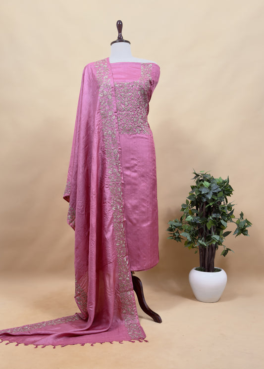 Pink Pure Tussar Unstitched Suit With Aari Embroidery