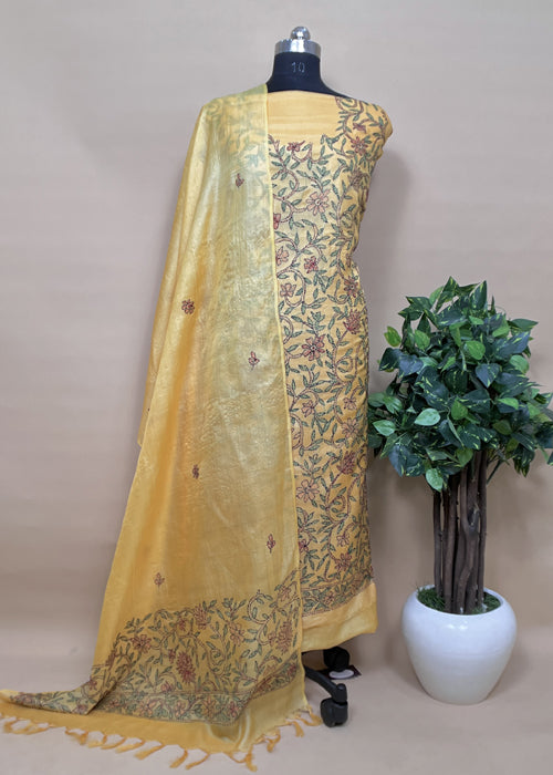 Yellow Tussar Unstitched Suit With Kantha Embroidery
