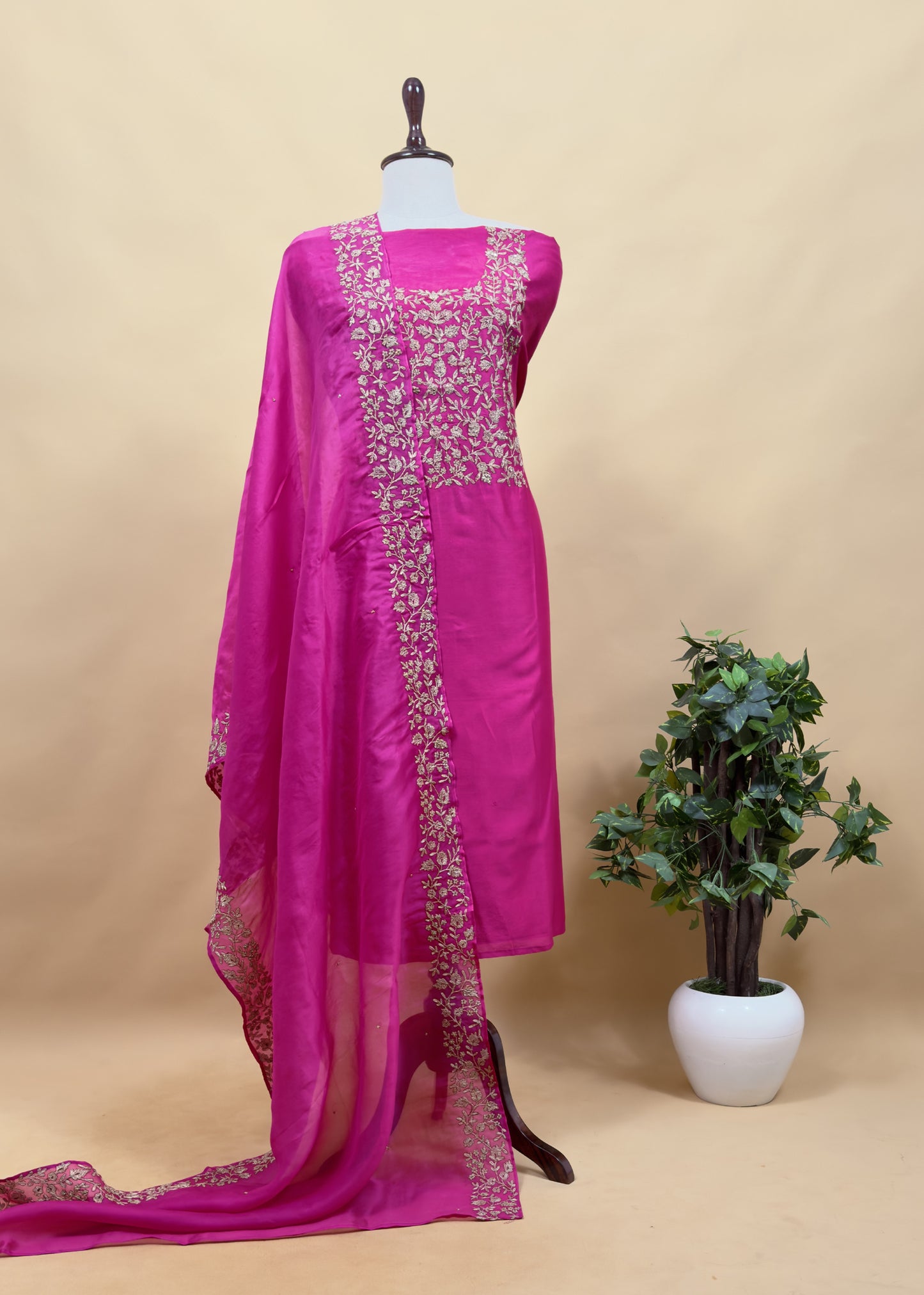 Pink Chanderi Unstitched Suit With Kora Dupatta
