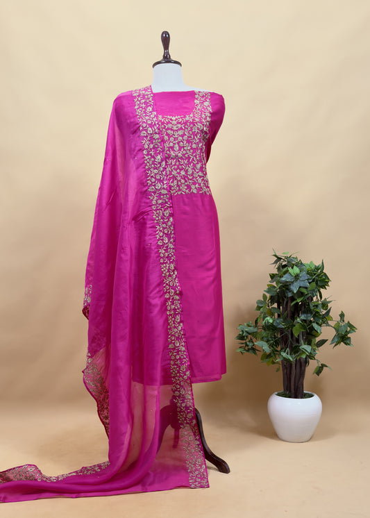 Pink Chanderi Unstitched Suit With Kora Dupatta