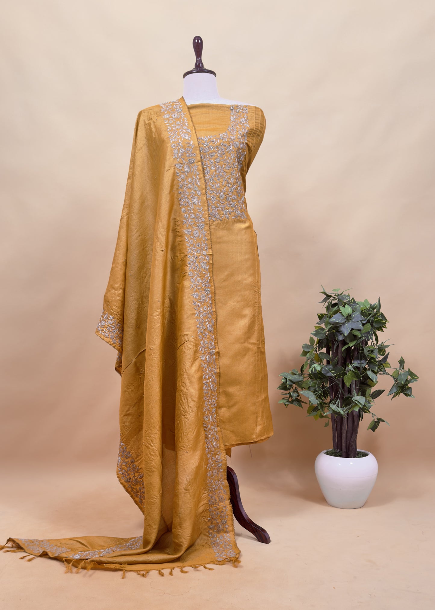 Yellow Pure Tussar Unstitched Suit With Aari Embroidery