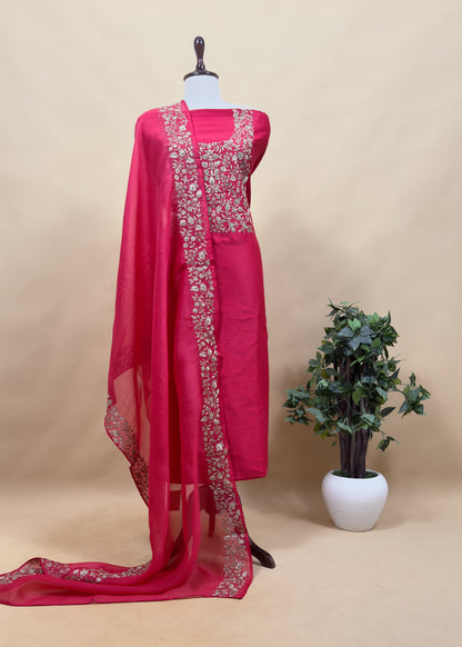 Red Chanderi Unstitched Suit With Kora Dupatta