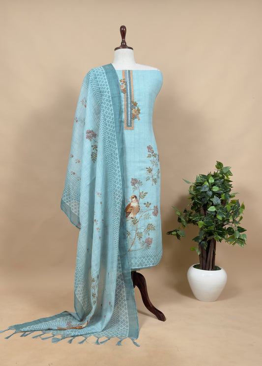 Baby Blue Hand Embroidered Chidiya Unstitched Suit In Chanderi Blend Fabric