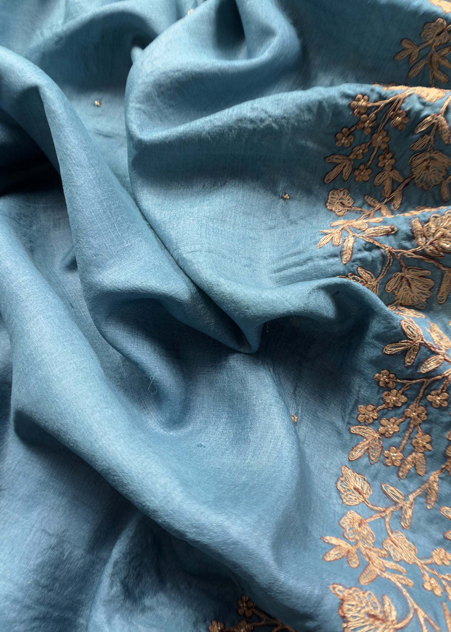Blue Chanderi Unstitched Suit With Kora Dupatta