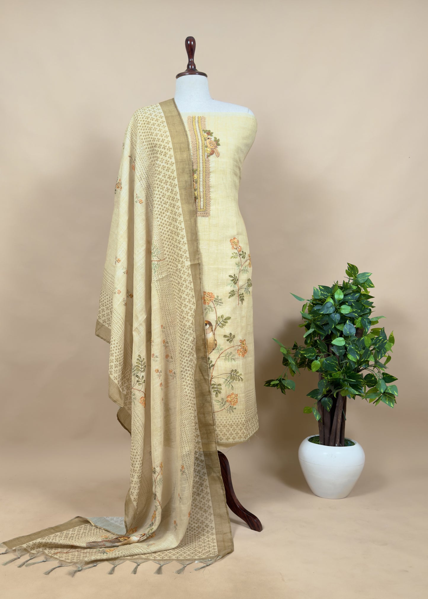 Baby Blue Hand Embroidered Chidiya Unstitched Suit In Chanderi Blend Fabric