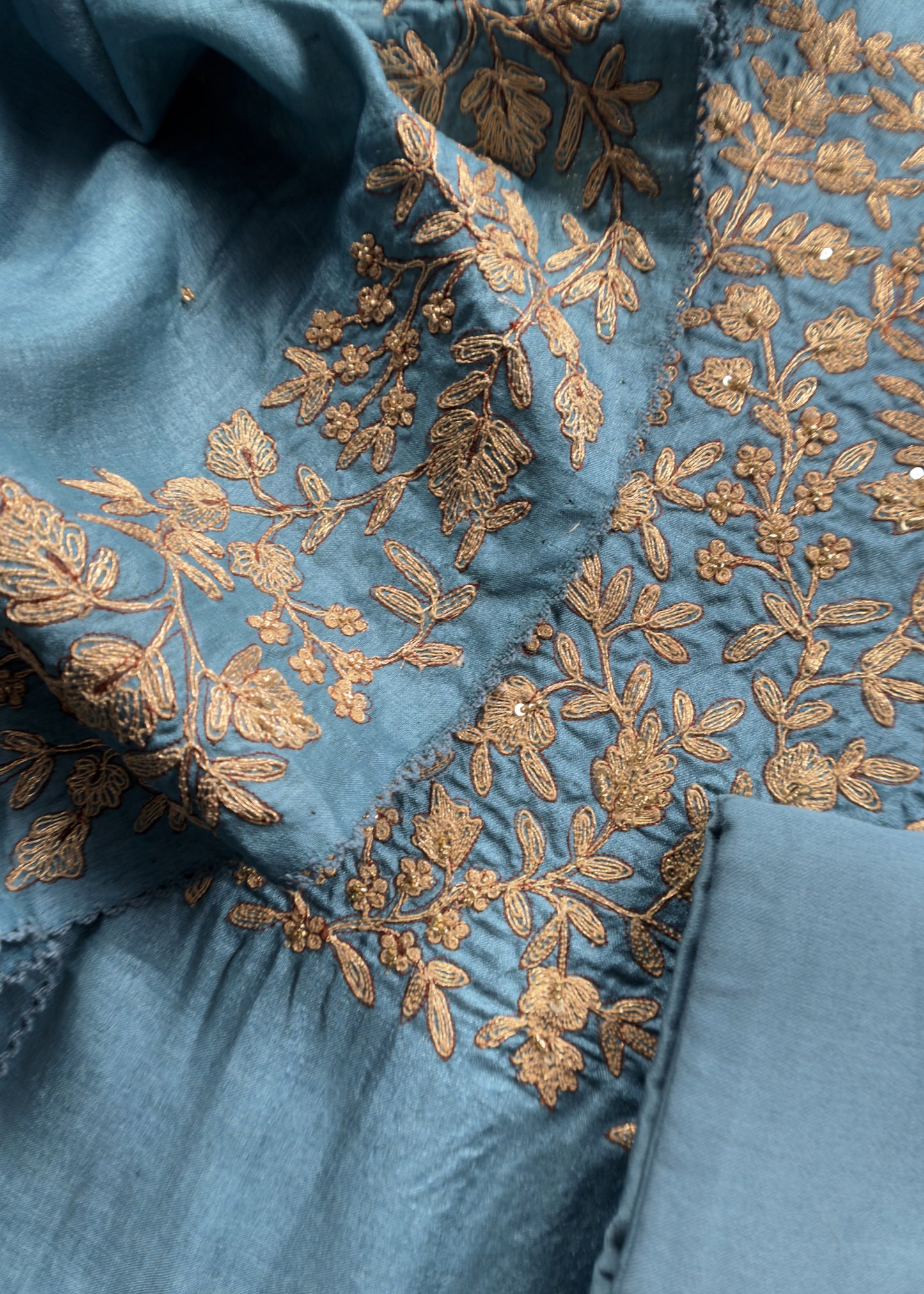Blue Chanderi Unstitched Suit With Kora Dupatta