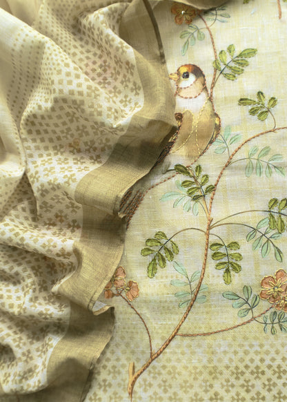 Light Yellow Hand Embroidered Chidiya Unstitched Suit In Chanderi Blend Fabric