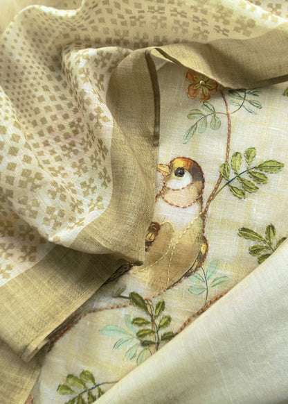 Light Yellow Hand Embroidered Chidiya Unstitched Suit In Chanderi Blend Fabric