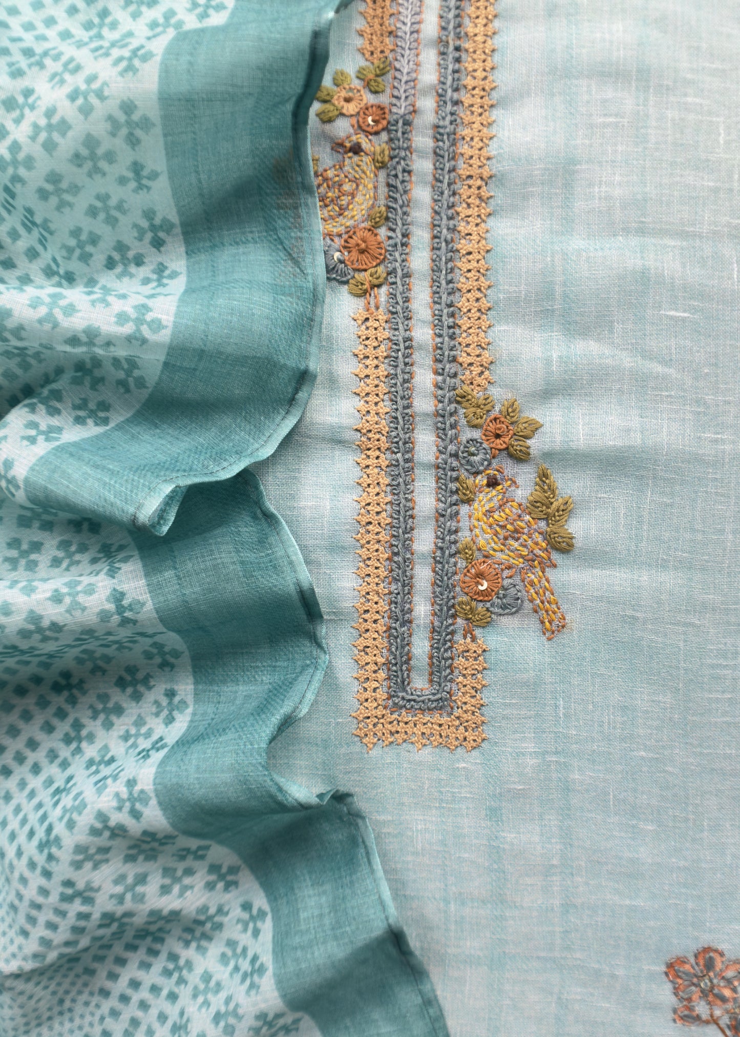 Baby Blue Hand Embroidered Chidiya Unstitched Suit In Chanderi Blend Fabric