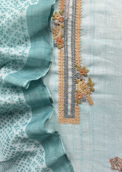 Baby Blue Hand Embroidered Chidiya Unstitched Suit In Chanderi Blend Fabric